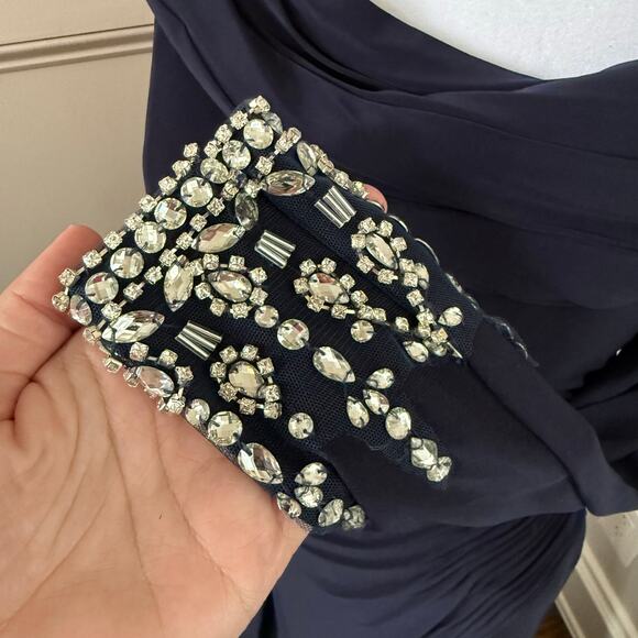 Mac Duggal Navy Beaded Cuff Drop Shoulder Faux Wrap Gown Size 4 $398 - Picture 6 of 11